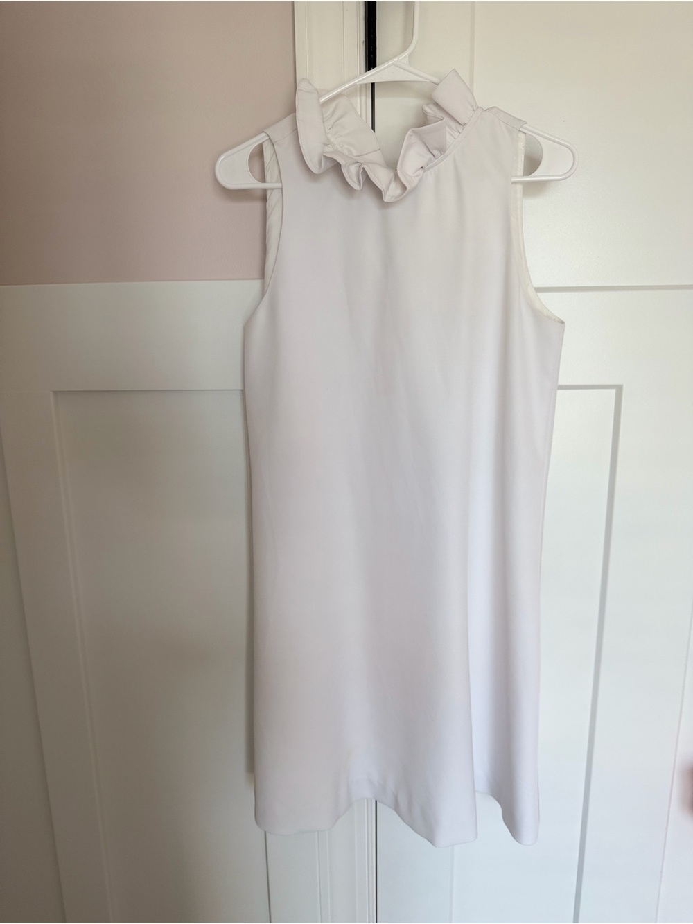Tuckernuck Sleeveless White Ruffle-Neck Shift Dress